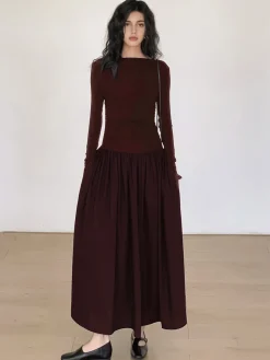 Pleated Patchwork Knit Long Sleeve Midi Dress