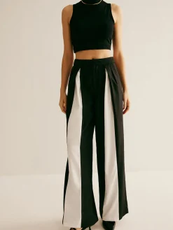 Pleated Patchwork Wide-Leg Pants