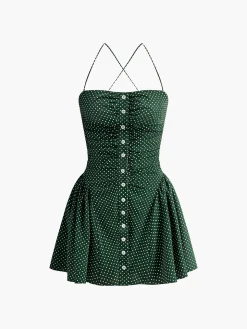 Pleated Polka Dot Sleeveless Dress