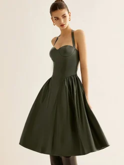 Pleated PU Leather Cami Dress