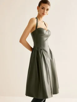 Pleated PU Leather Cami Dress
