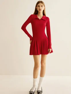 Pleated Ribbed Panel Dress