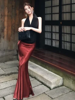 Pleated Satin Maxi Skirt
