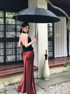 Pleated Satin Maxi Skirt