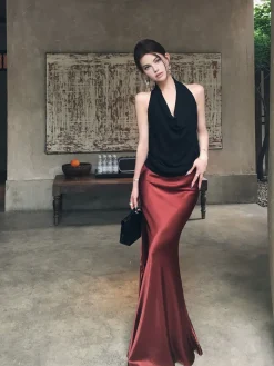 Pleated Satin Maxi Skirt
