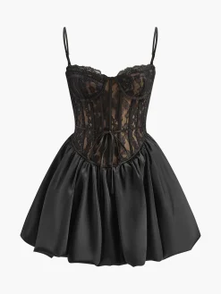 Pleated Satin-Hem Lace Cami Dress