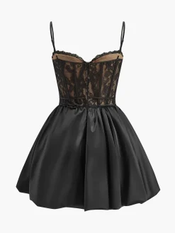 Pleated Satin-Hem Lace Cami Dress
