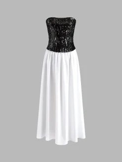 Pleated Sequins Tube Long Dress