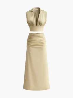 Pleated Sexy Corset Midi Skirt Set