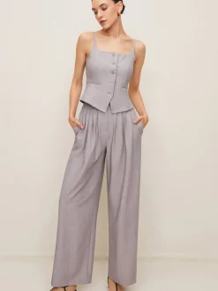 Pleated Sleeveless Plain Pants Set