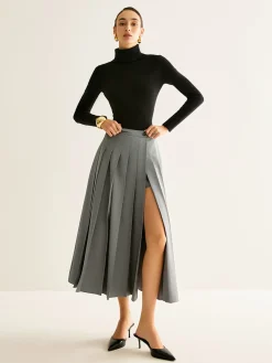 Pleated Slit Zipper Skirt
