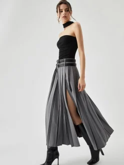 Pleated Split Maxi Skirt Without Belt