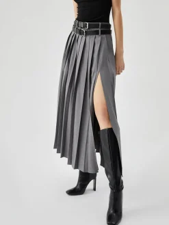 Pleated Split Maxi Skirt Without Belt