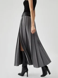 Pleated Split Maxi Skirt Without Belt