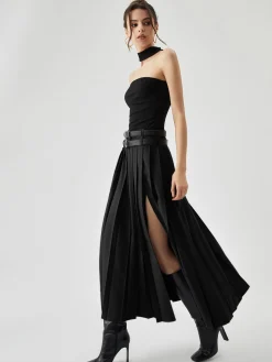 Pleated Split Maxi Skirt Without Belt