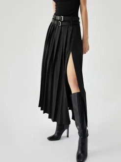 Pleated Split Maxi Skirt Without Belt