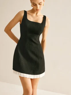 Pleated Trim Tweed Tank Short Dress