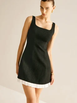 Pleated Trim Tweed Tank Short Dress