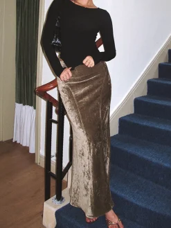 Pleated Velvet Maxi Skirt