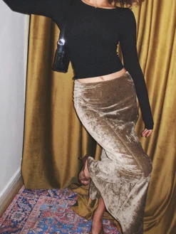 Pleated Velvet Maxi Skirt