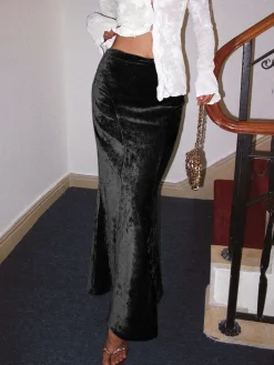 Pleated Velvet Maxi Skirt
