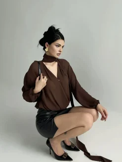 Pleated V-Neck Shirt With Scarf