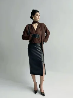 Pleated V-Neck Shirt With Scarf