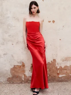 Pleated Zipper Corset Tube Long Dress