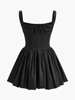 Pleated Zipper Strappy Short Dress