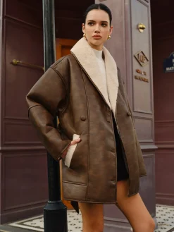 Pockets Belted Faux Leather Fleece Jacket