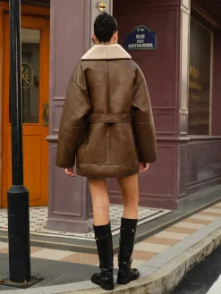 Pockets Belted Faux Leather Fleece Jacket