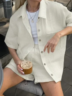 Pockets Button Up Shirt With Shorts Set