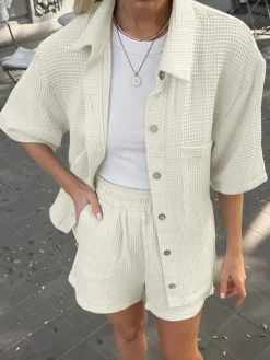 Pockets Button Up Shirt With Shorts Set
