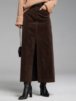 Pockets Corduroy Slit Maxi Skirt