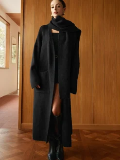 Pockets Long Knit Outerwear With Scarf