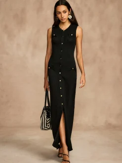 Pointelle Split Button Sweater Dress