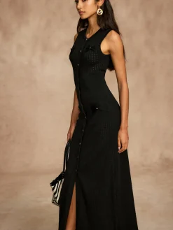 Pointelle Split Button Sweater Dress