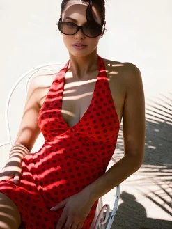 Polka Dot Halter V-Neck Short Dress
