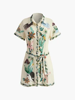 Print Collared Belted Short Dress