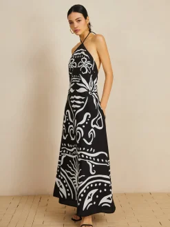 Print Halter Backless Long Dress