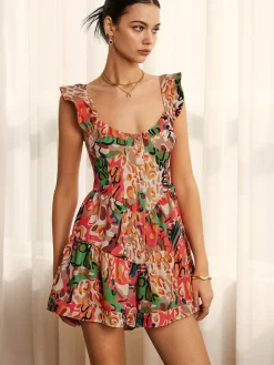 Print Low Cut Ruffle Short Dress