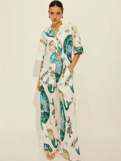 Print Pockets Short Sleeve Pants Set