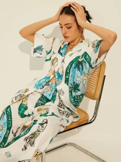 Print Pockets Short Sleeve Pants Set