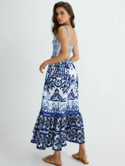 Print Strap Pleated Long Dress
