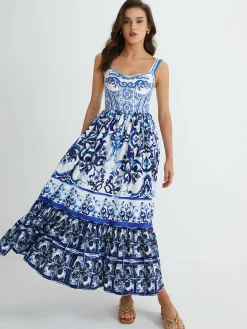 Print Strap Pleated Long Dress