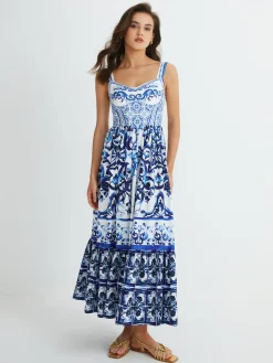 Print Strap Pleated Long Dress