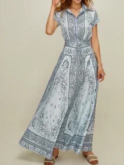 Print Turndown Collar Pockets Skirt Set