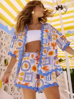 Printed Button Down Shirt With Shorts Set