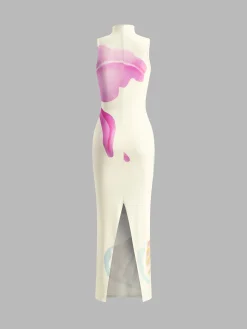 Printed Mock Neck Split Dress