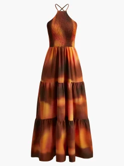 Printed Shirred Long Dress
